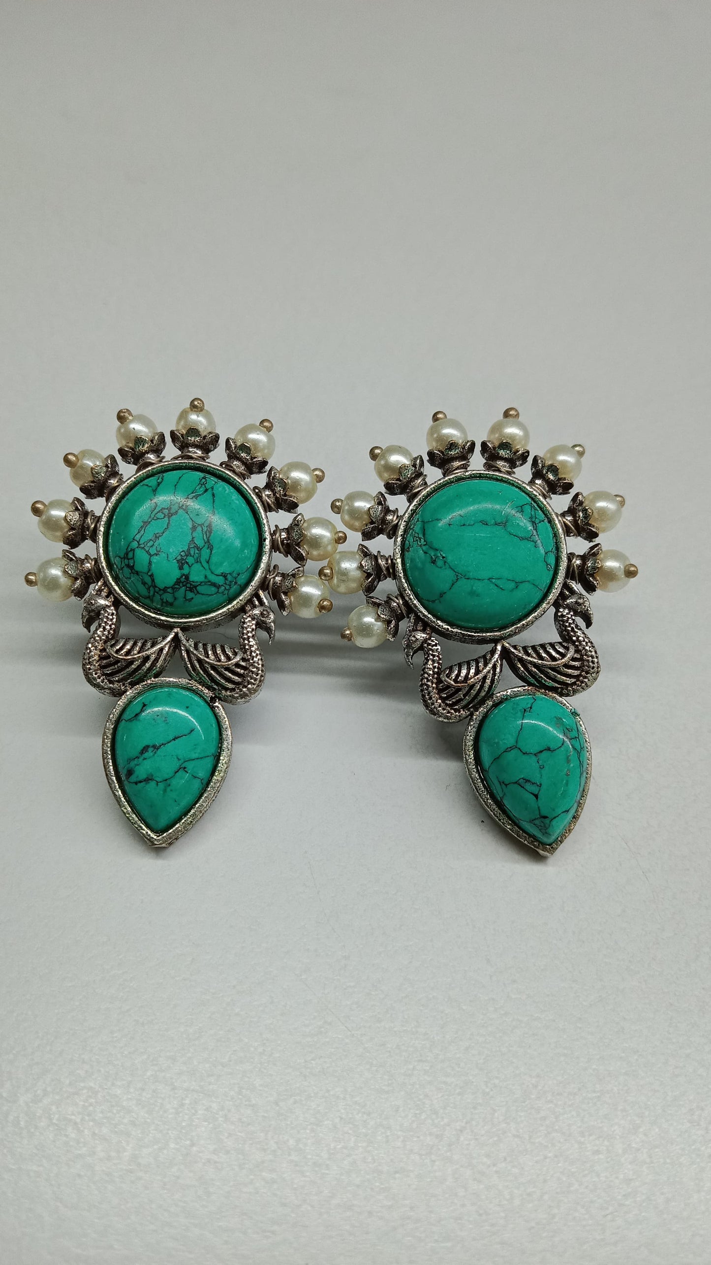 Gorgeous Turquoise & Pearl Oxidized Earrings