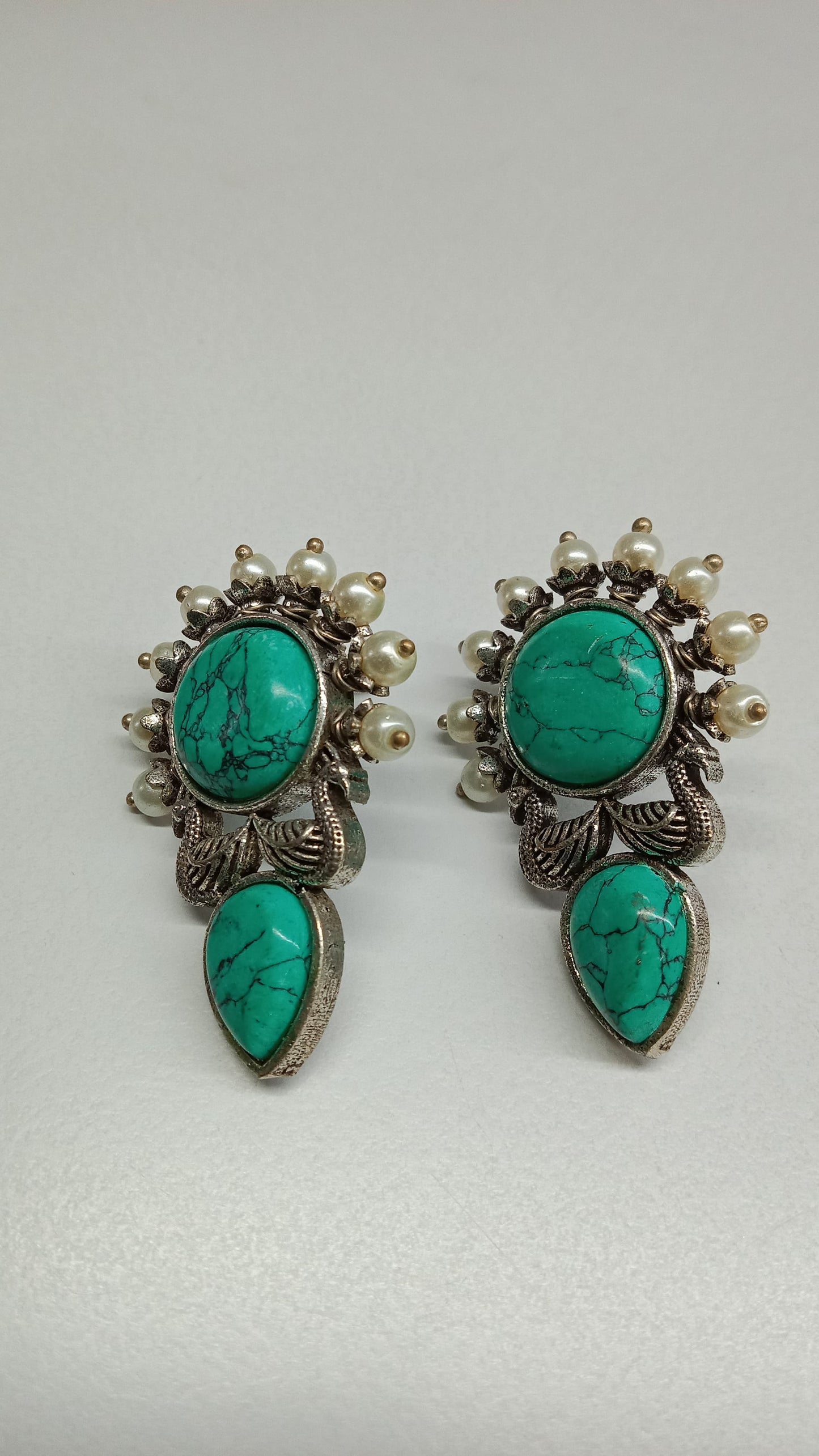 Gorgeous Turquoise & Pearl Oxidized Earrings