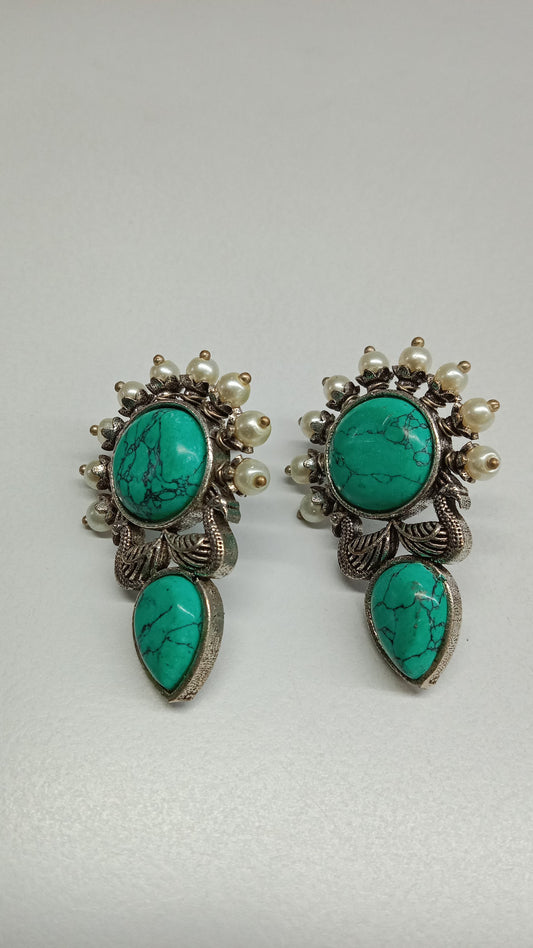 Gorgeous Turquoise & Pearl Oxidized Earrings