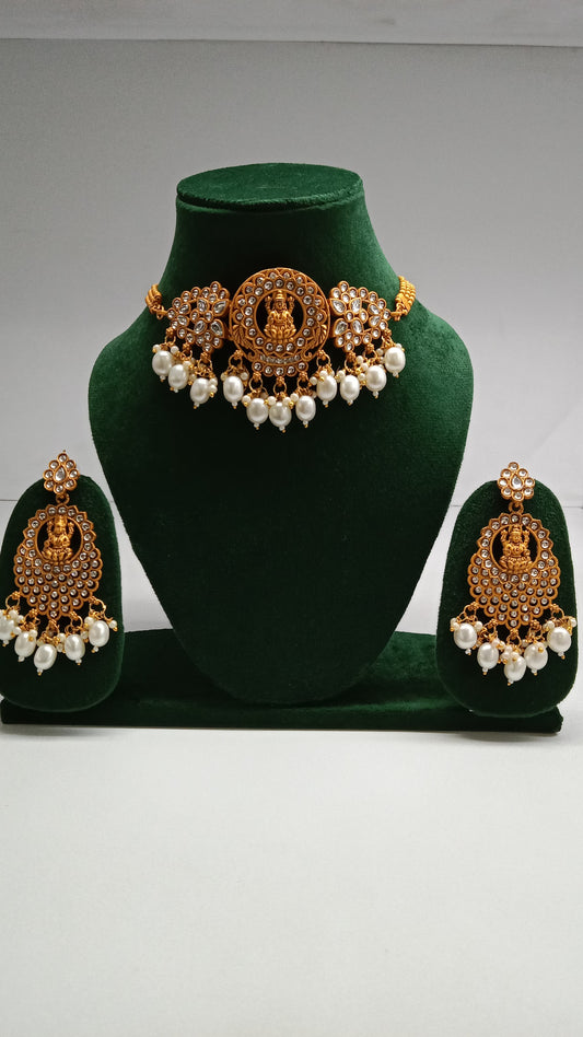 Gold Plated Choker Necklace Set with Pearls